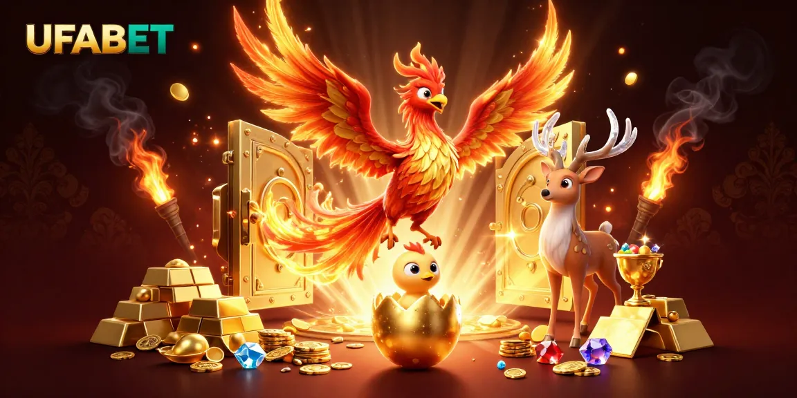 Experience the thrilling excitement of UFABET with an elaborate 3D casino scene featuring fiery phoenix elements and sparkling treasures.