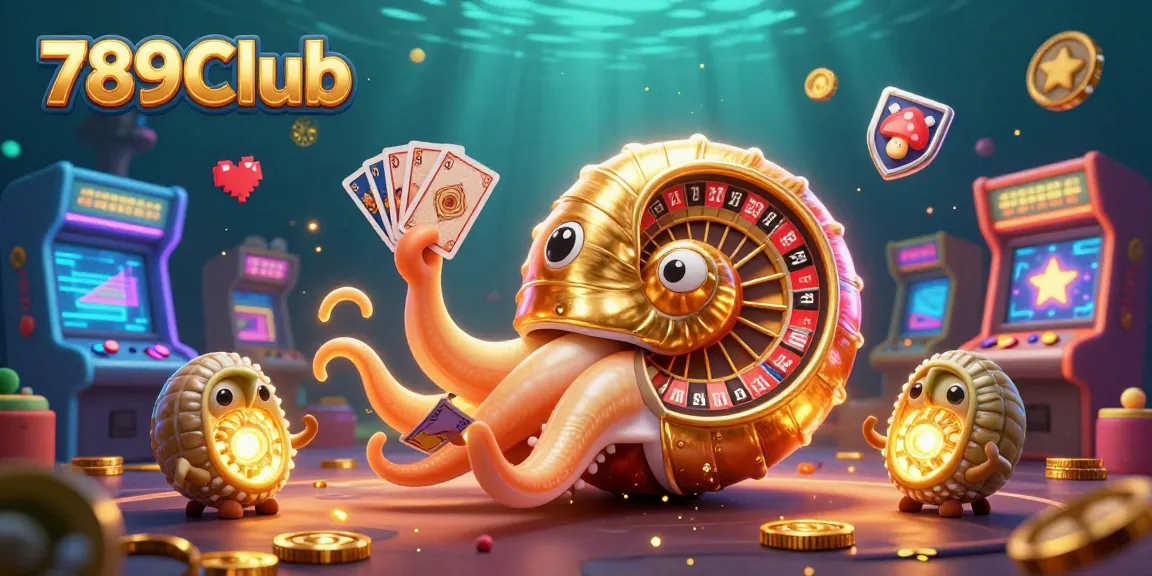 Enjoy thrilling game action with 789Club's vibrant 3D casino illustration featuring a giant nautilus and arcade elements.